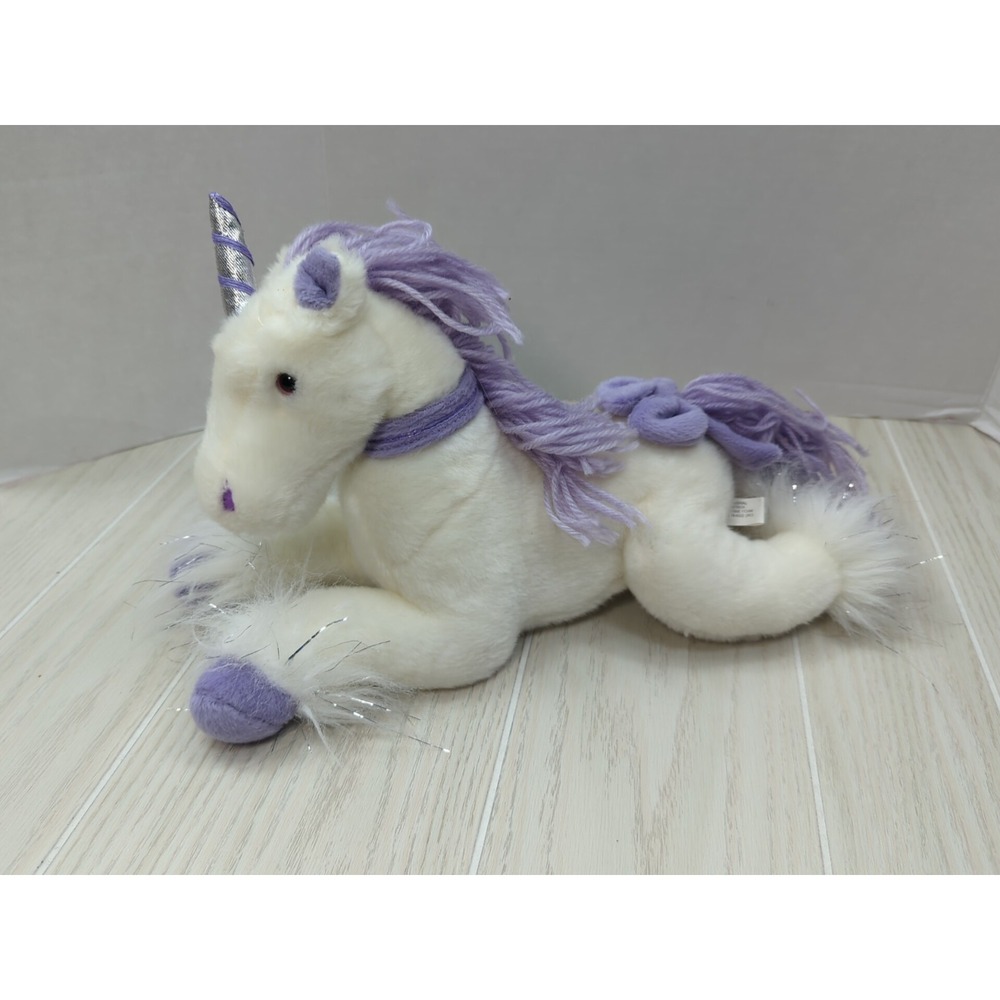 Goffa plush white unicorn purple mane collar bow feet silver horn vintage